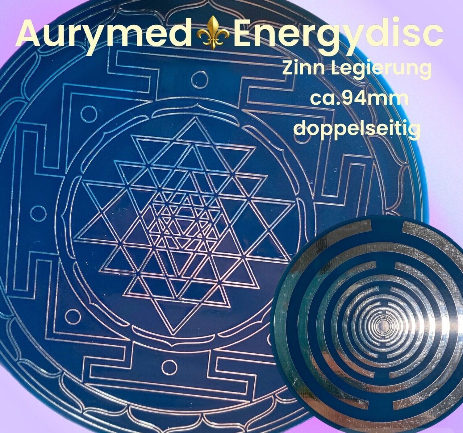 94 mm Disc - 2-er SET -  Sri Yantra Symbol der heiligen Geometrie vereint mit der Lakhovsky MWO Oszillator Schwingkreis Design Antenne (stromlos), doppelseitig, Zinn legiert, Kupfer unterlegt, blau