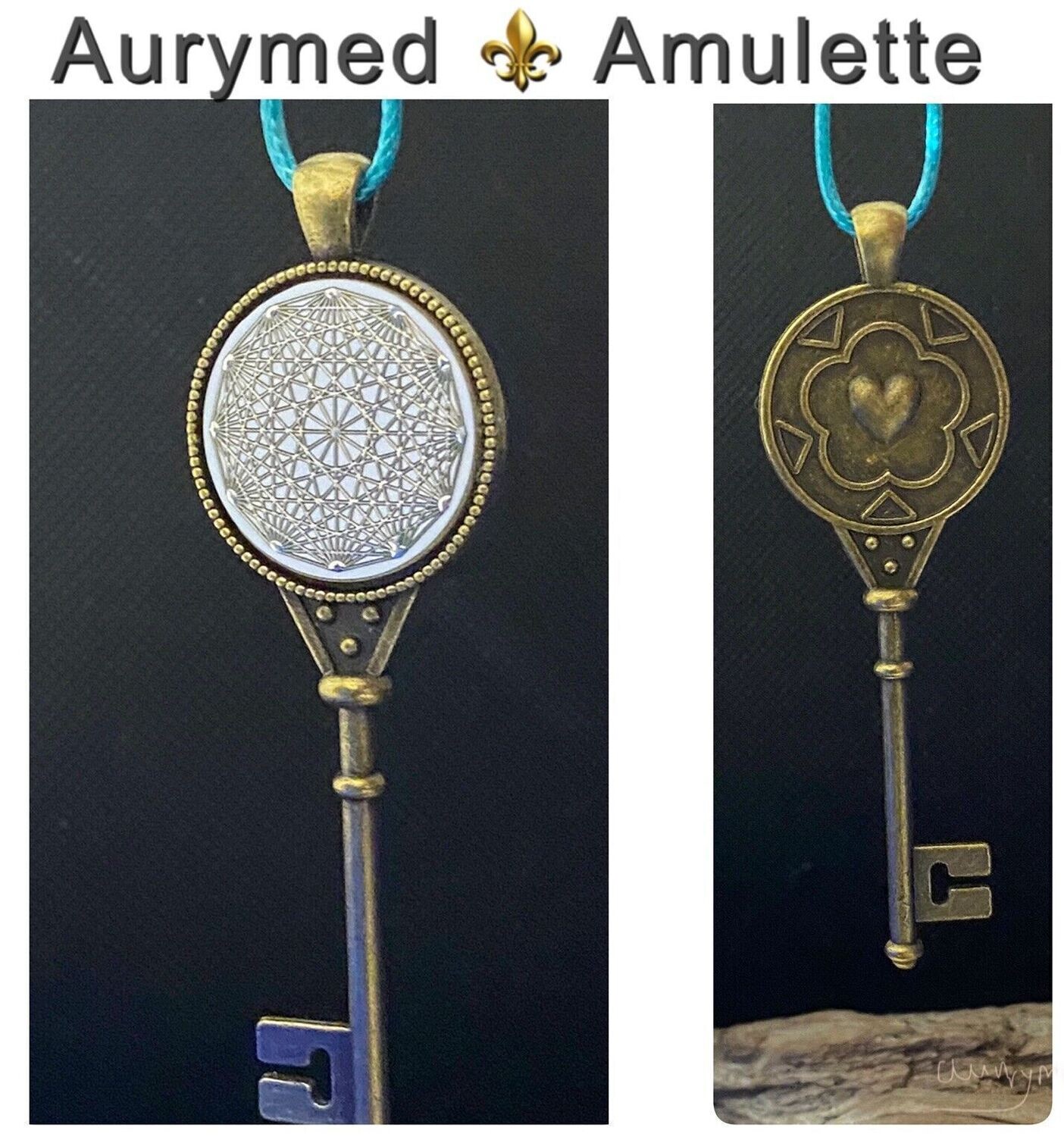 Amulette - bronzefarbend, Schlüssel Form (Du bist der Schlüssel und das Schloss), Dodecagram Disc in weis mit ca.25 mm Durchmesser, Coin Zinn legiert, Kupfer unterlegt