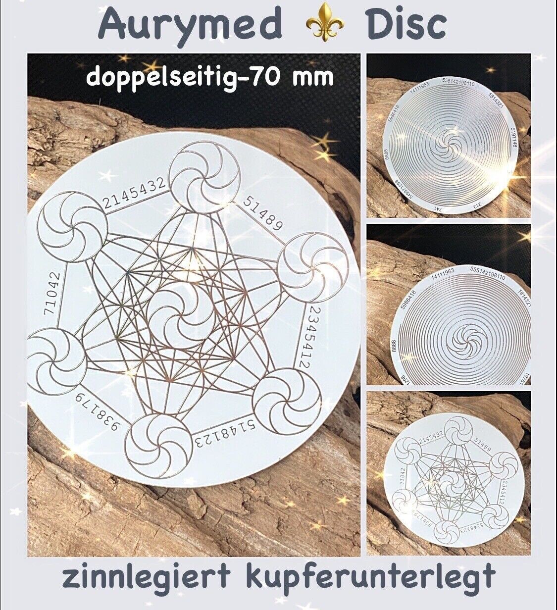 70 mm Disc - 2-er Set - Metatron mit seinen platonischen Körpern trifft Bifilar Spule (fermatsche Antenne), doppelseitig, Zinn legiert, Kupfer unterlegt,weiß