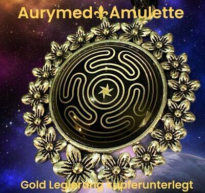 Amulette - bronzefarbend, Hekathe Weehl, Disc (hinter Glas) in schwarz mit ca.25 mm Durchmesser, Disc Gold legiert, Kupfer unterlegt