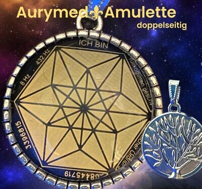 Amulette - silberfarbend, Baum des Lebens, Vector Equilibrium mit den Wörtern Amulette - silberfarbend, Baum des Lebens, Vector Equilibrium mit den Wörtern "Ich Bin", Disc in schwarz mit ca.25 mm Durchmesser, Disc Gold legiert, Kupfer unterlegt