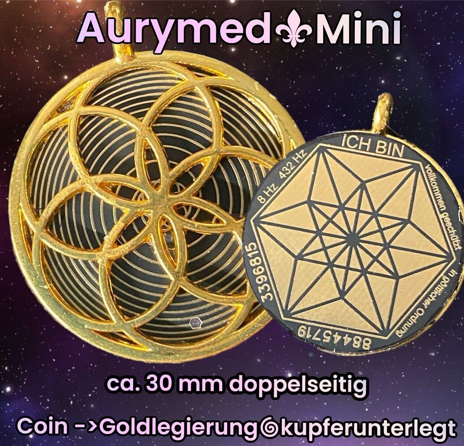 Amulette - Blume des Lebens, Bifilar Spule und das Vecotor Equlilibrium Symbol als nachtschwarzer ca. 30 mm großer Coin mit Goldlegierung  eingearbeitet