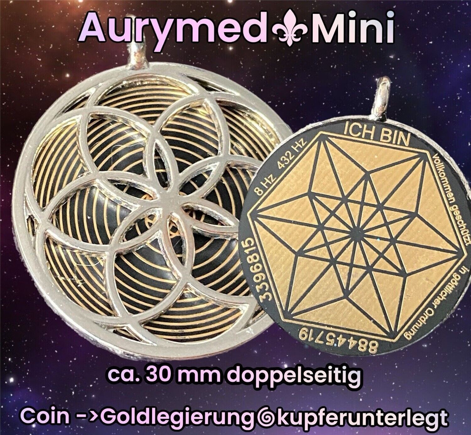Amulette - Fassung Blume des Lebens silberfarbend, Bifilar Spule (fermatsche Antenne)+Vector Equilibrium, nachtschwarzer ca.30 mm großer Coin mit Goldlegierung eingearbeitet, Kupfer unterlegt