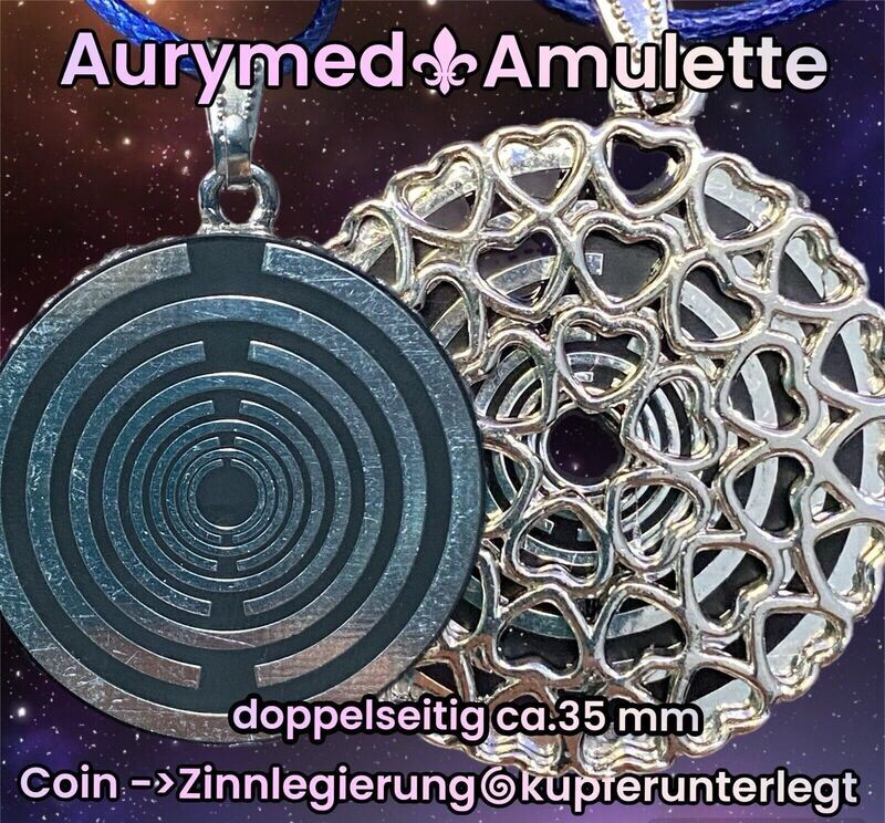 Amulette - silberfarbend, Herzen der Selbsliebe gepaart mit der Lakhovsyk MWO Schwingkreis Antenne (stromlos), Disc in schwarz mit ca.35 mm Durchmesser, Disc Zinn legiert, Kupfer unterlegt