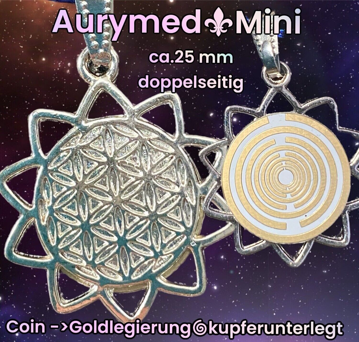 Amulette  - Mini in silberfarbend, vorne die Blume des Lebens im symbolisierten Stern, hinten die 20 mm Coin in weis, Disc Gold legiert, eingearbeitet mit der Lakhovsyk MWO Symbol Antenne