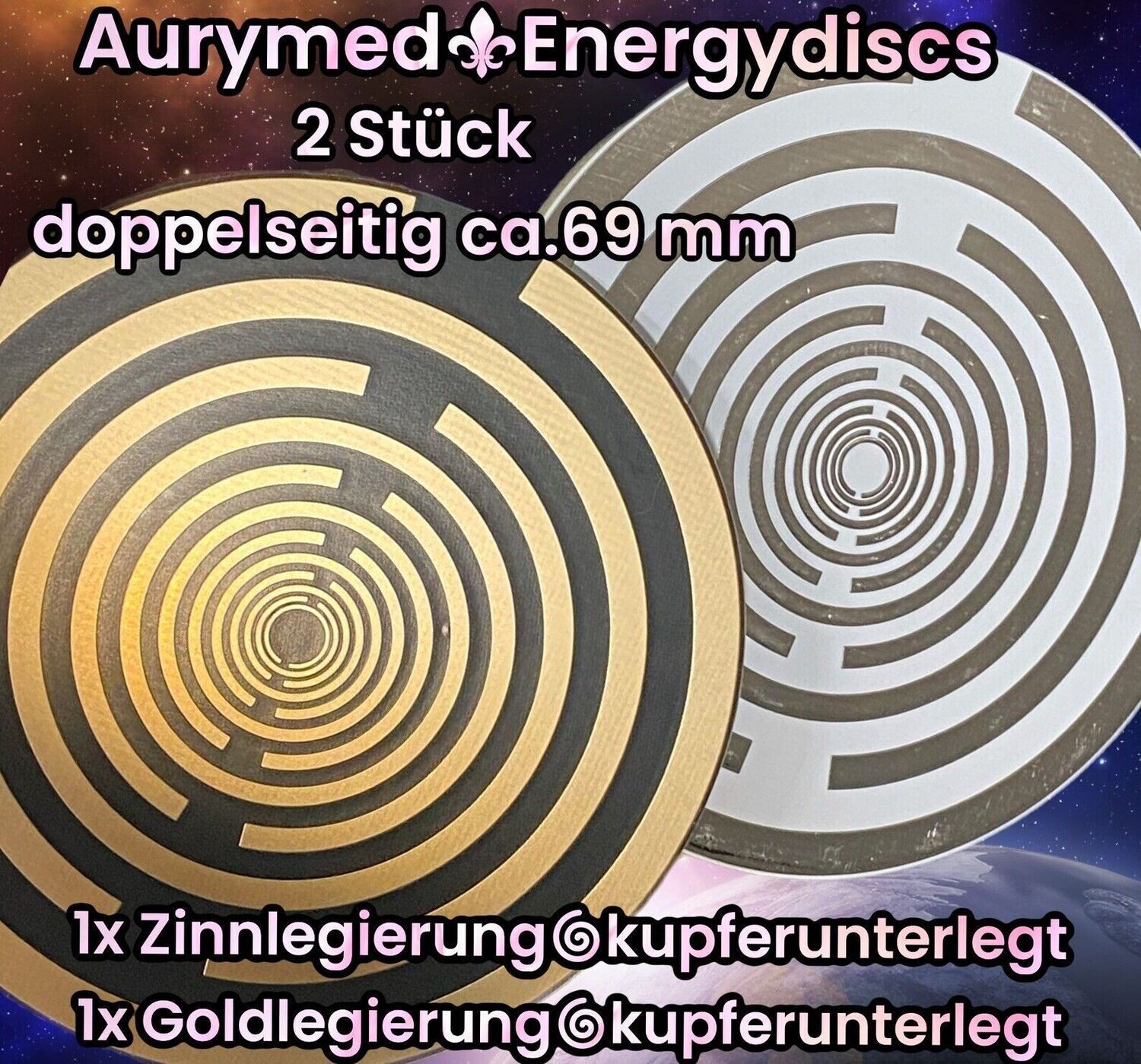 69 mm Disc - 2-er Set - MWO Lakhovsky Schwingkreis Oszillator Symbol Antenne (stromlos) doppelseitig, 1xschwarz-gold legiert, 1x weis Zinn legiert, Kupfer unterlegt