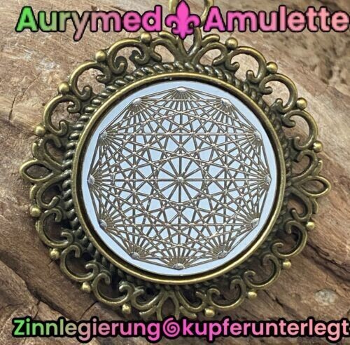 Amulette - Dodecagram als weisser ca. 25 mm großer Coin mit Zinnlegierung in eine bronzefarbende Fassung eingearbeitet, Kupfer unterlegt