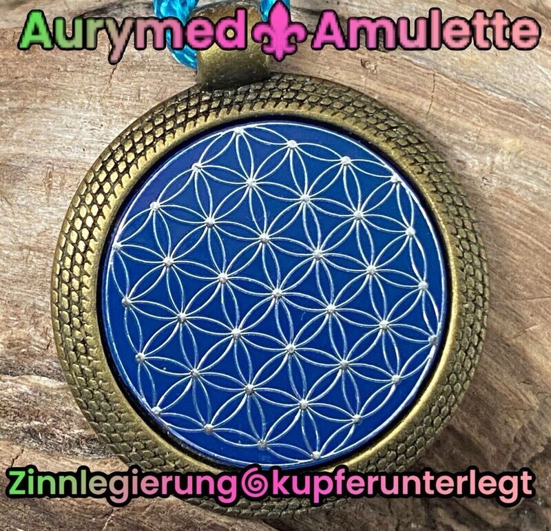 Amulette - bronzefarbend, Blume des Lebens Lebensblume, Disc in blau mit ca.25 mm Durchmesser, Disc Zinn legiert, Kupfer unterlegt Amulette - bronzefarbend, Blume des Lebens Lebensblume, Disc in blau mit ca.25 mm Durchmesser, Disc Zinn legiert, Kupfer unterlegt
