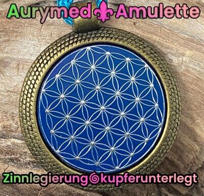 Amulette - bronzefarbend, Blume des Lebens Lebensblume, Disc in blau mit ca.25 mm Durchmesser, Disc Zinn legiert, Kupfer unterlegt Amulette - bronzefarbend, Blume des Lebens Lebensblume, Disc in blau mit ca.25 mm Durchmesser, Disc Zinn legiert, Kupfer unterlegt