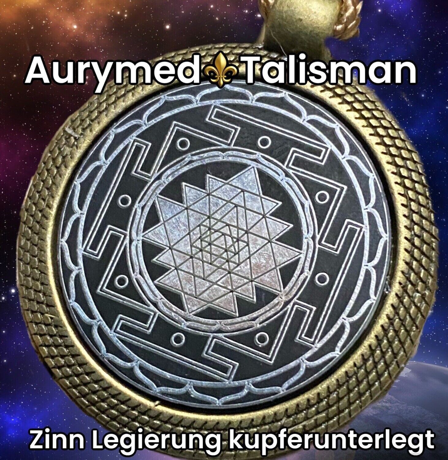 Amulette - Sri Yantra Symbol der heiligen Geometrie als nachtschwarzer ca. 25 mm großer Coin mit Zinnlegierung in eine bronzefarbende Fassung eingearbeitet, Kupfer unterlegt