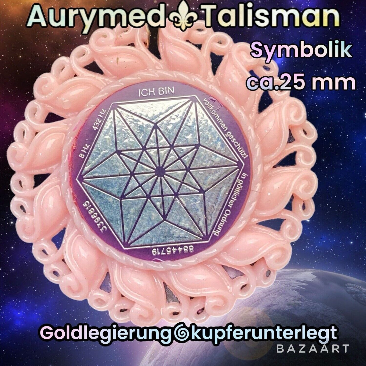 Amulette - Resin Harz Art, Vector Equilibrium und den Worten "Ich bin" , Disc in lial flieder mit ca.25 mm Durchmesser, Disc Zinn legiert, Kupfer unterlegt