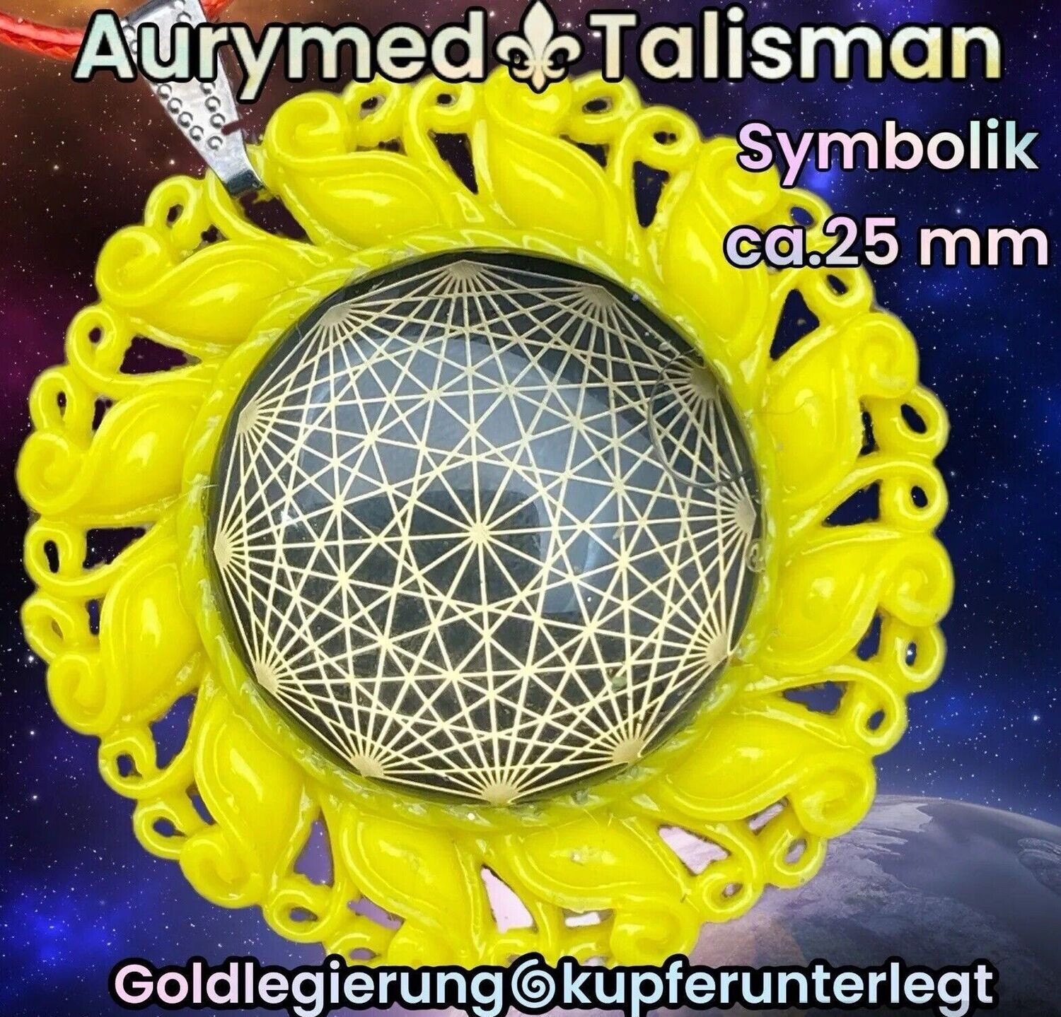 Amulette - Resin Harz Art, Dodecagram 12-er Stern, Disc (hinter Glas) in schwarzmit ca.25 mm Durchmesser, Disc Gold legiert, Kupfer unterlegt, sonnengelb