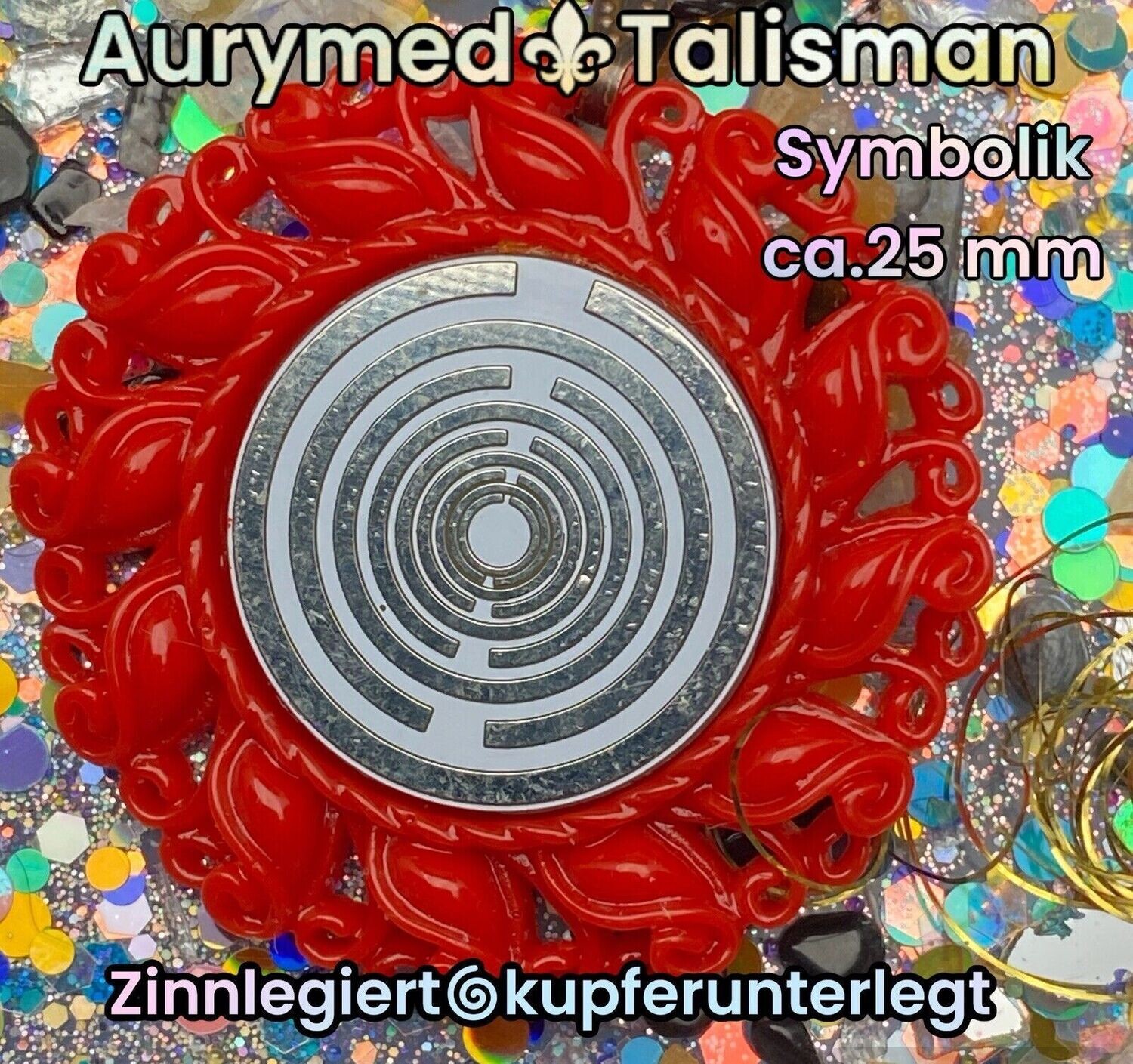 Amulette - Resin Harz Art, Lakhovsky Oszillator Schwingkreis Antenne MWO (stromlos), Disc in weiß mit ca.25 mm Durchmesser, Disc Zinn legiert, Kupfer unterlegt, rot
