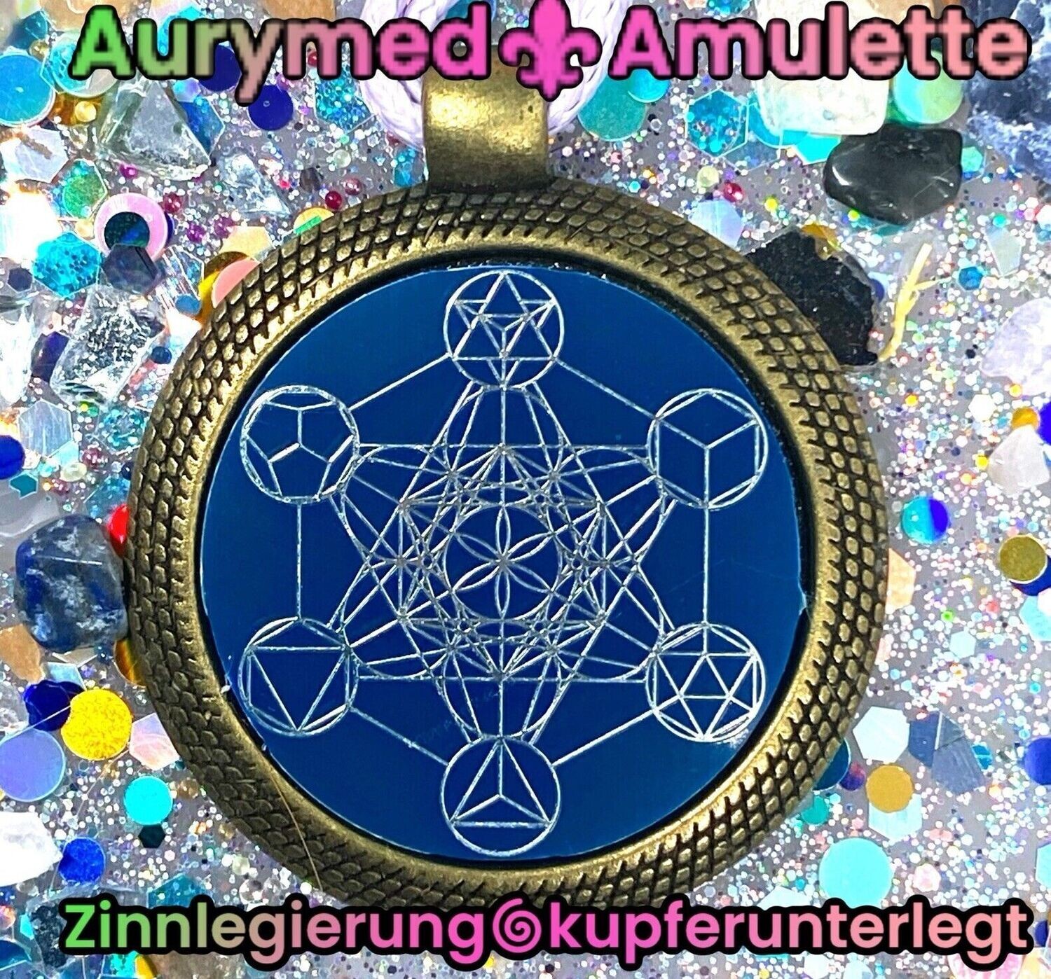 Amulette - bronzefarbend, Metatron mit den platonischen Körpern, Disc in blau mit ca.25 mm Durchmesser, Disc Zinn legiert, Kupfer unterlegt