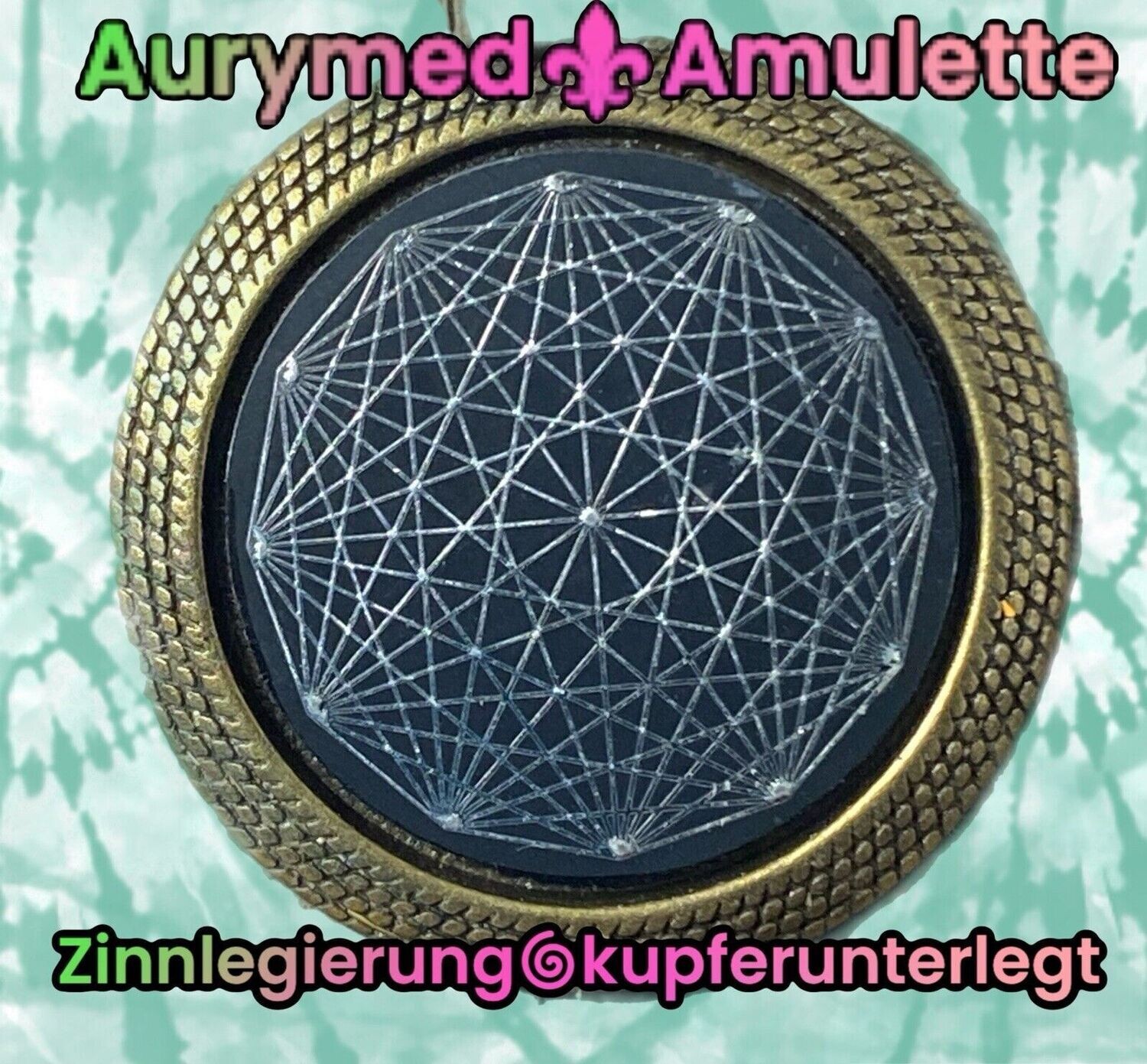 Amulette - bronzefarbend, Dodecagram 12-er Stern, Disc in schwarz mit ca.25 mm Durchmesser, Disc Zinn legiert, Kupfer unterlegt