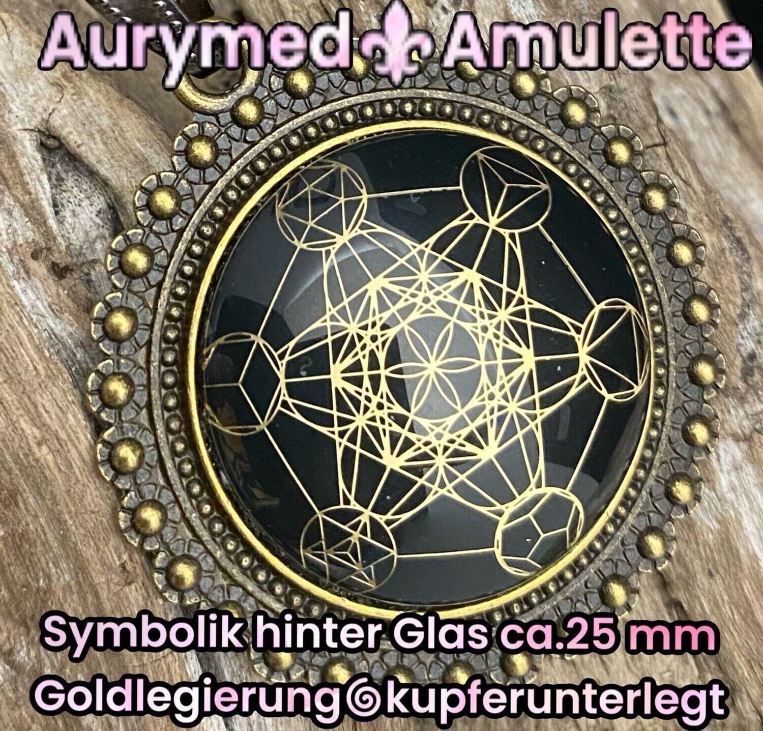 Amulette - bronzefarbend, Metatron mit den platonischen Körpern, Disc in schwarz (hinter Glas) mit ca.25 mm Durchmesser, Disc Gold legiert, Kupfer unterlegt