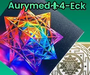 57 mm Disc  - 2-er Set - 4 Eck -Sri Yantra der heiligen Geometrie trifft die neonfarbend dargestellte Merkaba, doppelseitig, 1-seitig mit Goldlegierung, Kupfer unterlegt
