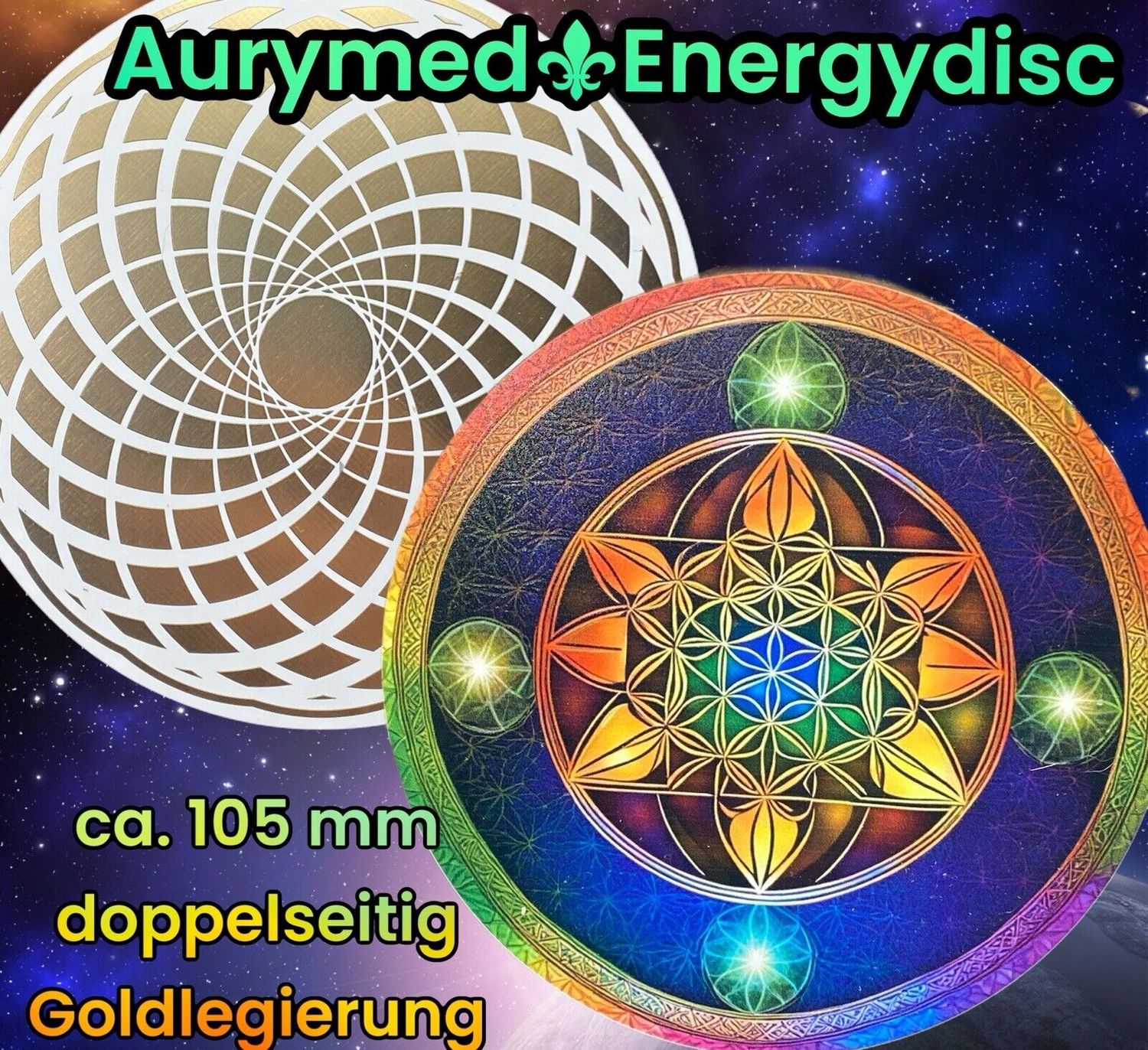 105 mm Disc - Scheibe Torus-  Blume des Lebens im Lotus, beidseitig, 1 seitig Gold legiert, Kupfer unterlegt