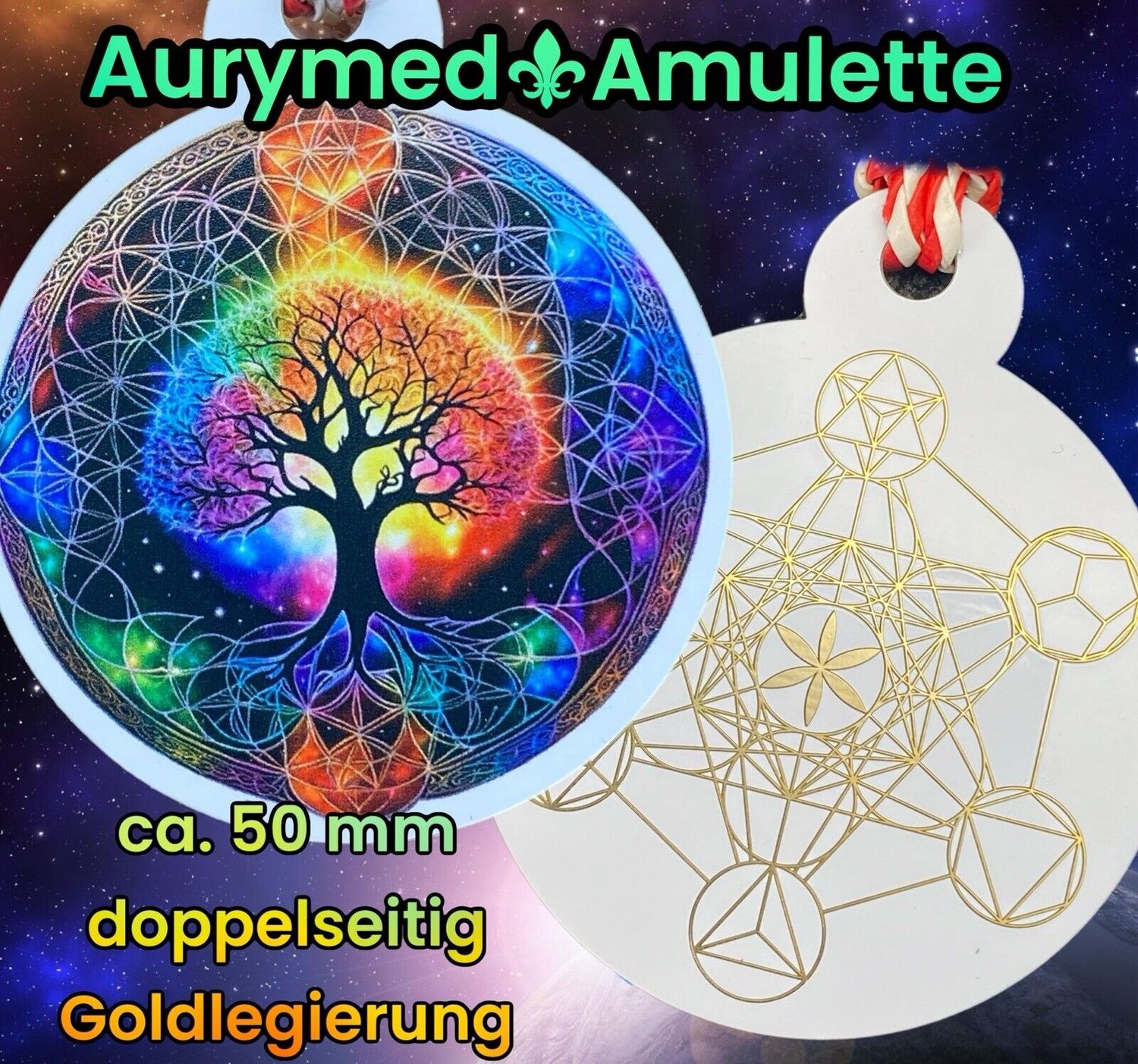 Amulette - Disc Baum des Lebens in Regenbogenfarben - Metatron mit den platonischen Körpern in gold legiert, doppelsetig, Kupfer unterlegt, ca. 50 mm Durchmesser