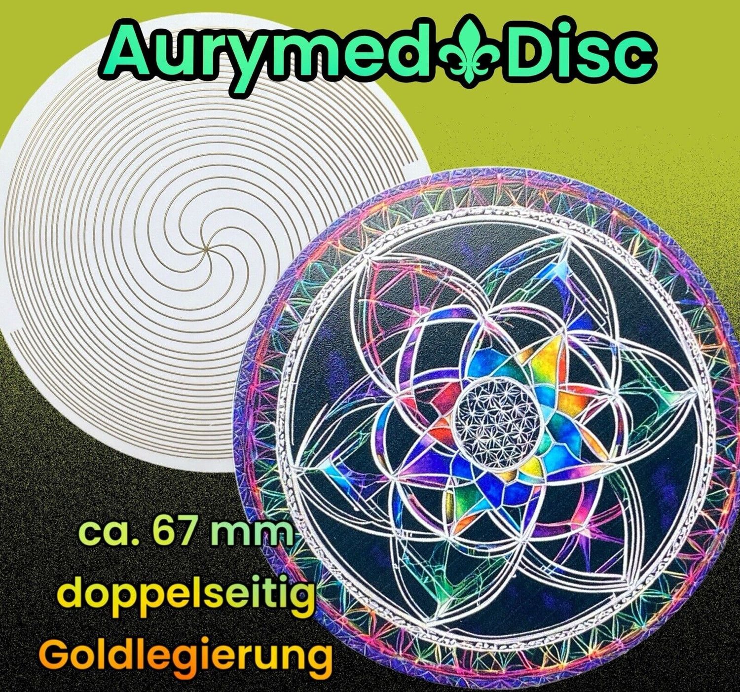 67 mm Disc - 2er- Set - Bifilar Spule 8-fach (fermatsche Antenne) trifft den Lotus mit dem Symbol der Blume des Lebens integriert, doppelseitig, 1 seitig Gold legiert, Kupfer unterlegt