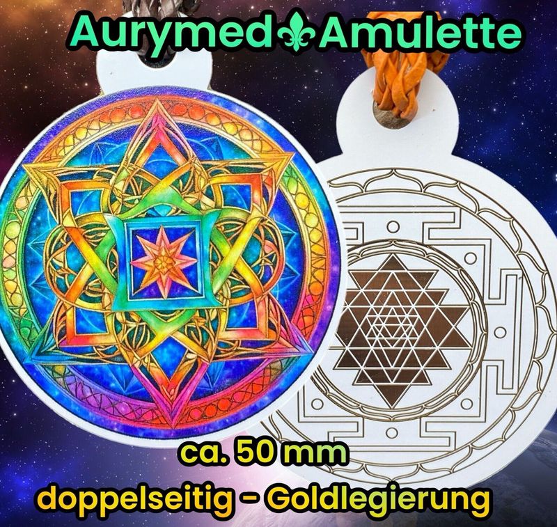 Amulette - Sri Yantra Symbol der heiligen Geometrie trifft regenbogen Farbenden Lotus, doppelseitig, 1 Seite gold legiert, Kupfer unterlegt