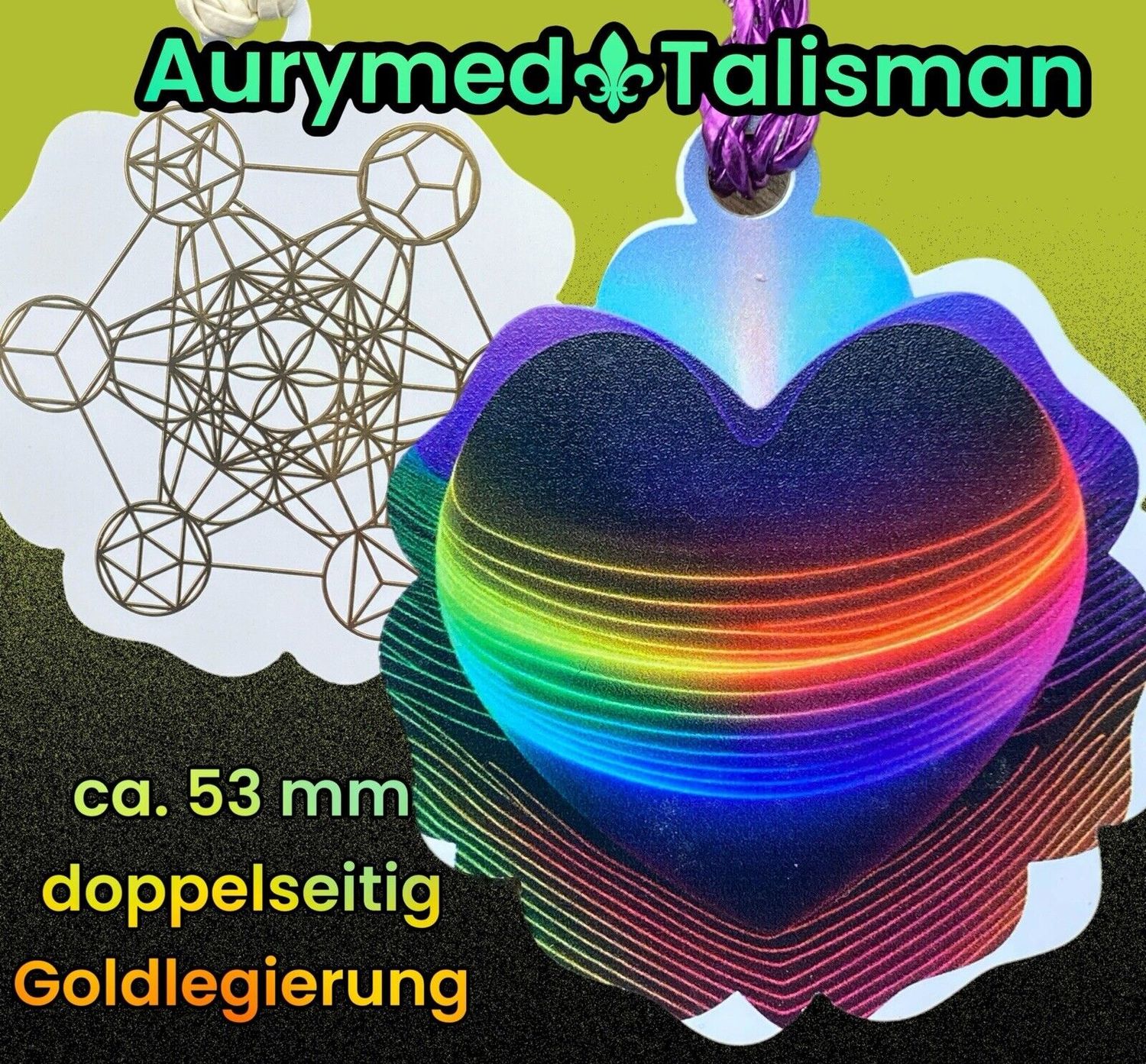 Amulette - Disc - mein Herz zeigt Liebe in Regenbogenfarbe, Metatron mit den platonischen Körpern in Gold legiert, ca, 53 mm Durchmesser, doppelseitig, Kupfer unterlegt