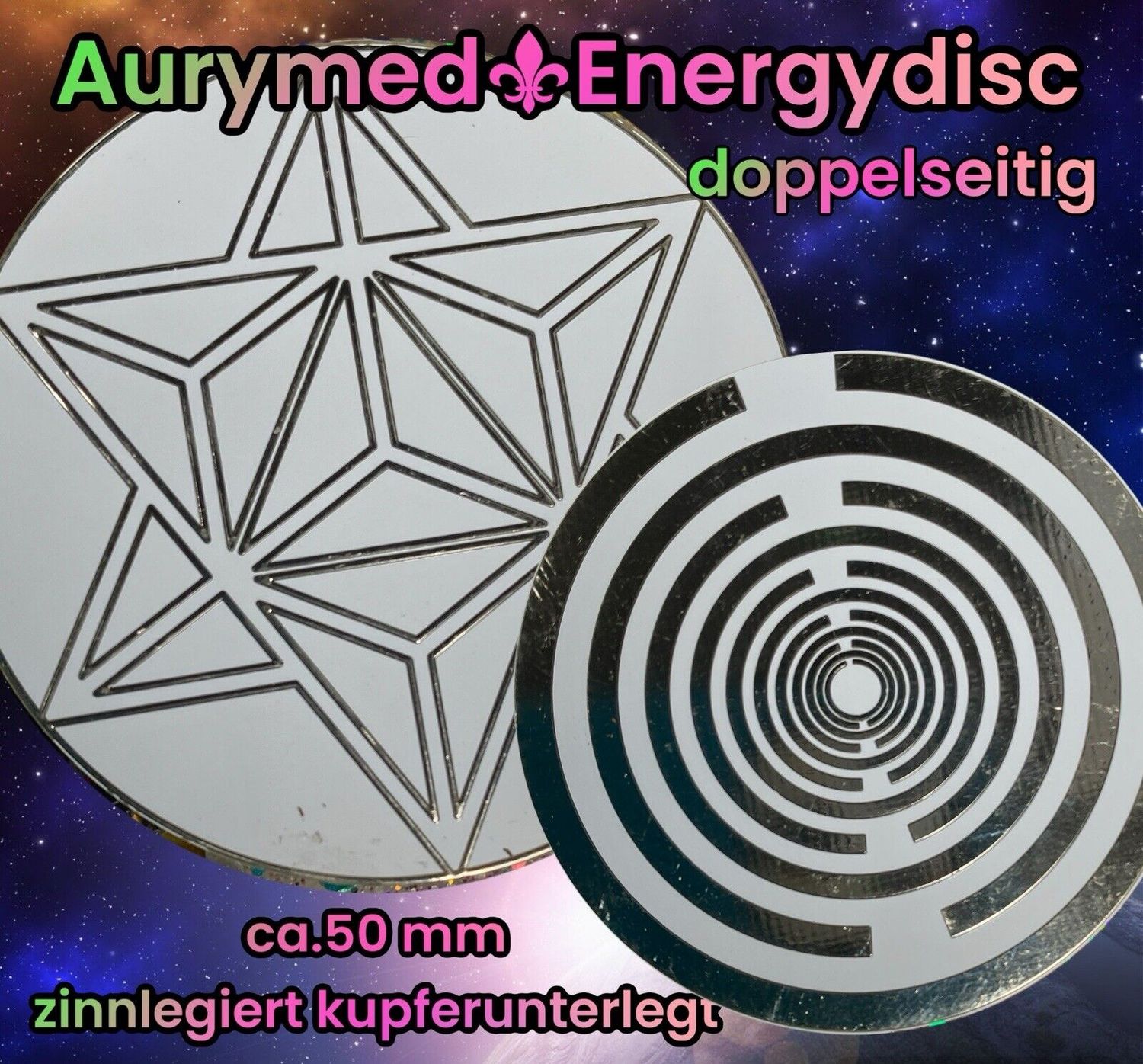 50 mm Disc - 1 Stück  -  Merkaba der heiligen Geometrie trifft die Lakhovsky MWO Schwingkreis Oszillator Antenne, doppelseitig, Zinn legiert, Kupger unterlegt, schneeweiss