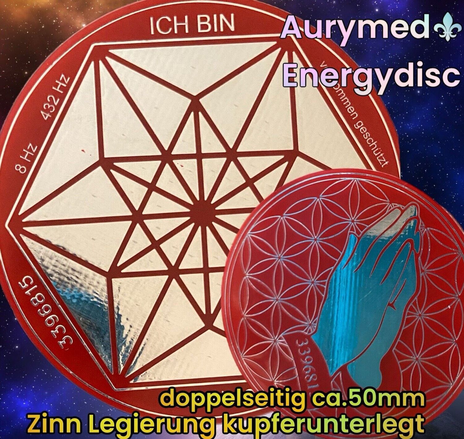 50 mm Disc -  2 Stück im Set -Flower of Life umgibt betende Hände, Vector Equilibrium umgeben von den Worten "Ich bin", doppelseitig, feuerrot,Zinn legiert,Kupfer unterlegt
