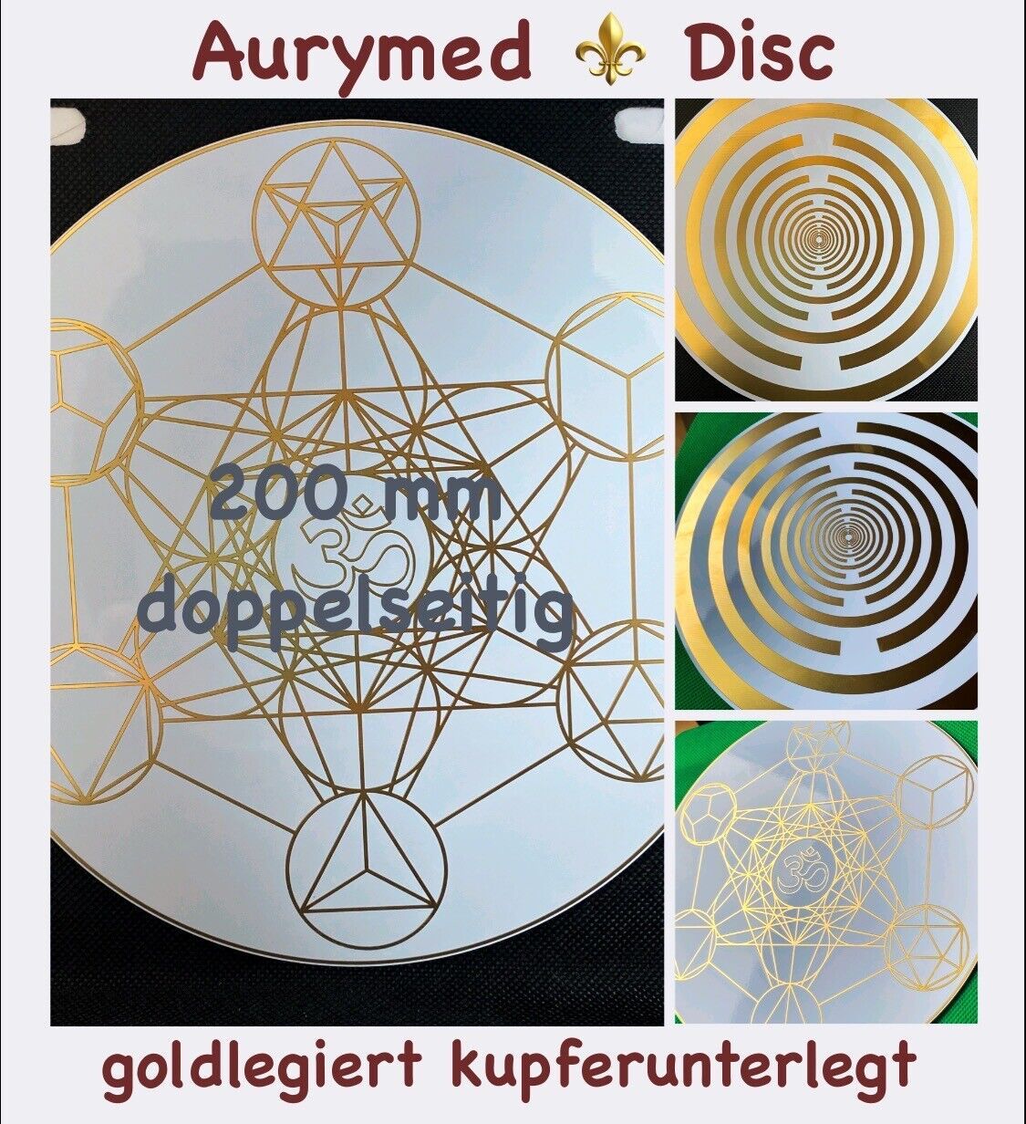 200 mm Disc - Metatron mit seinen platonischen Körpern verreint mit der Lakhovsky MWO Schwingkreis Antenne, doppelseitig, Kupfer unterlegt, Gold Legierung, weiß