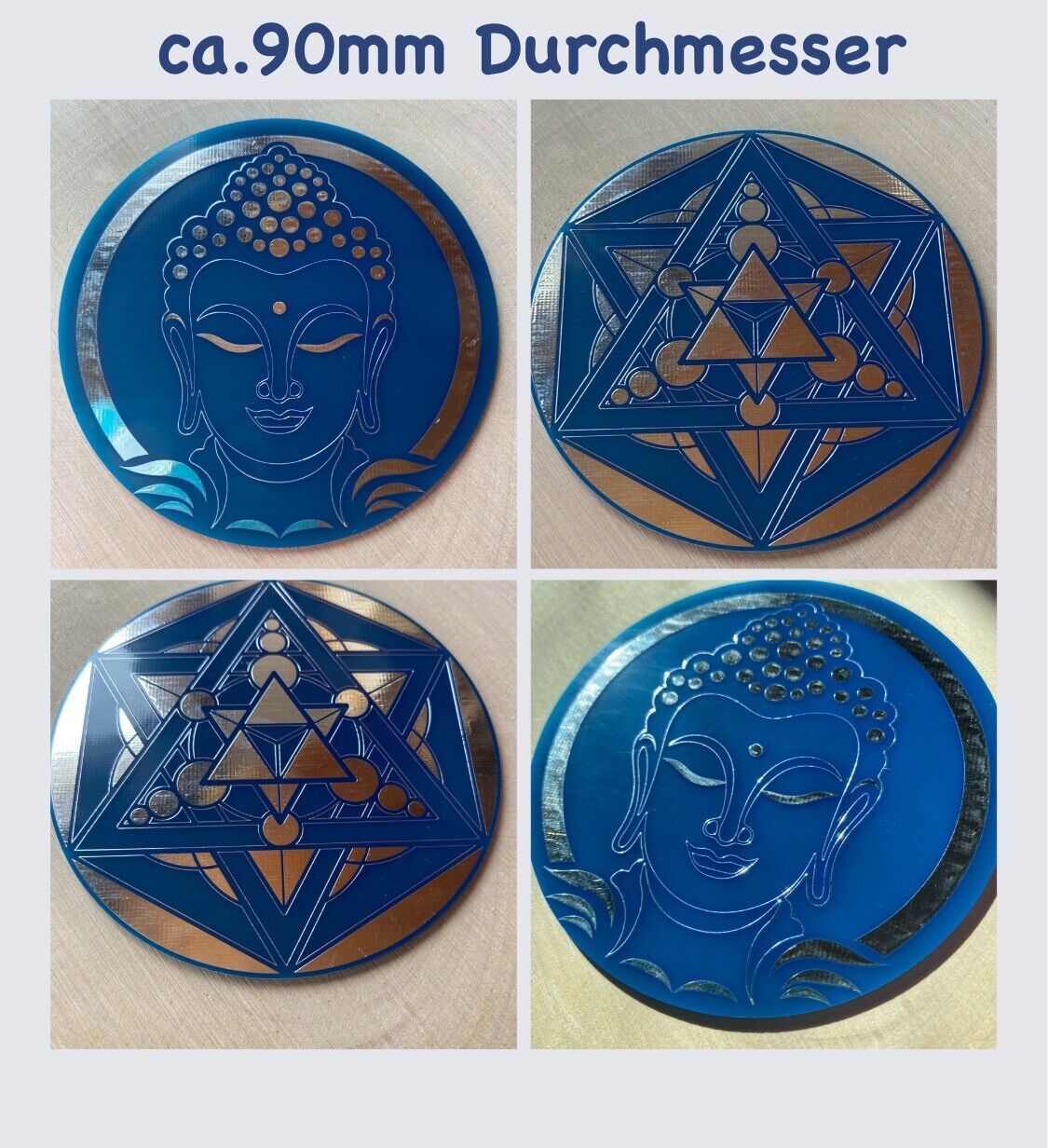 90 mm Disc - Buddha Kopf trifft die Merkaba mit der integrierten Frucht des Lebens, doppelseitig, meeresblau, Zinn legiert, Kupfer unterlegt