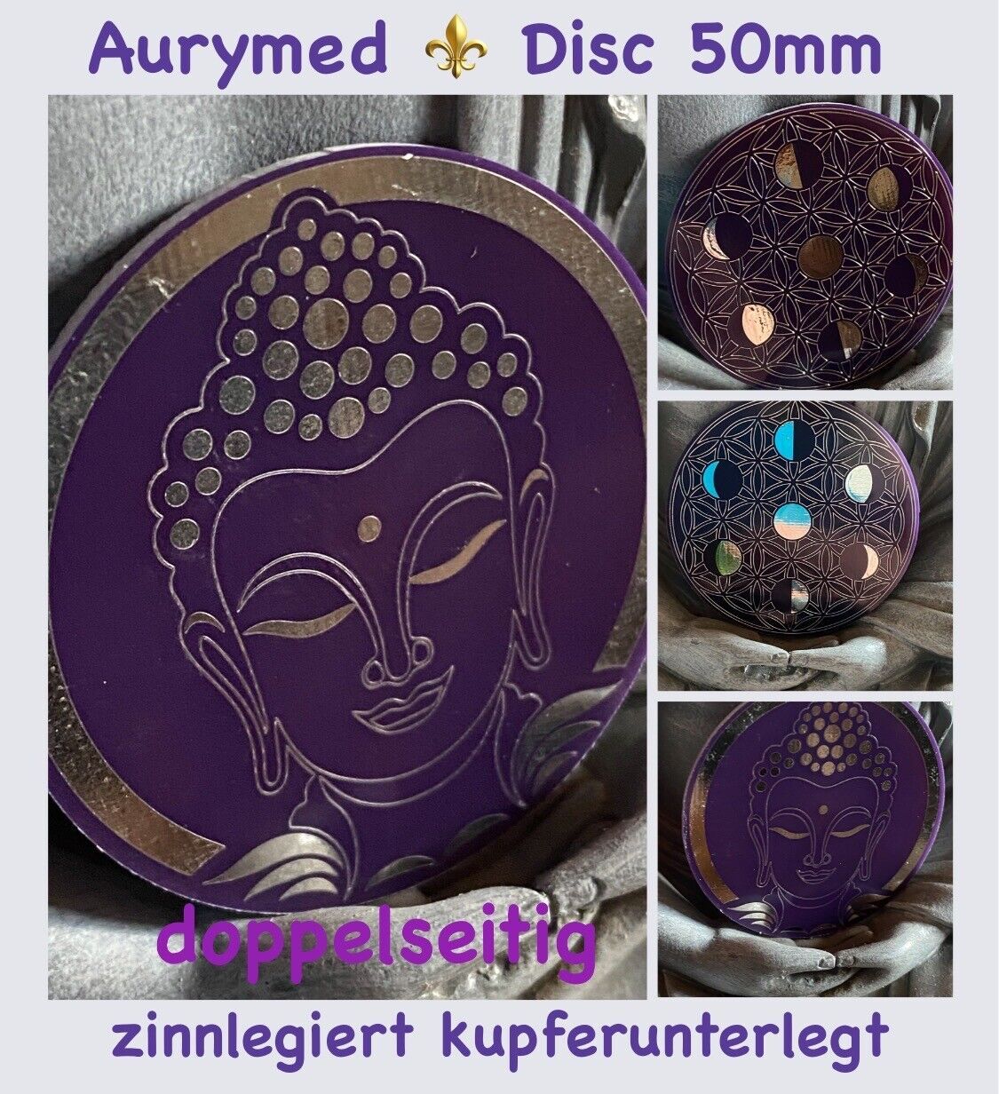 50 mm Disc -  2 Stück im Set - Buddha Kopf vereint mit den Mondphasen eingearbeitet in die Blume des Lebens, doppelseitig, lila flieder, Zinn legiert, Kupfer unterlegt