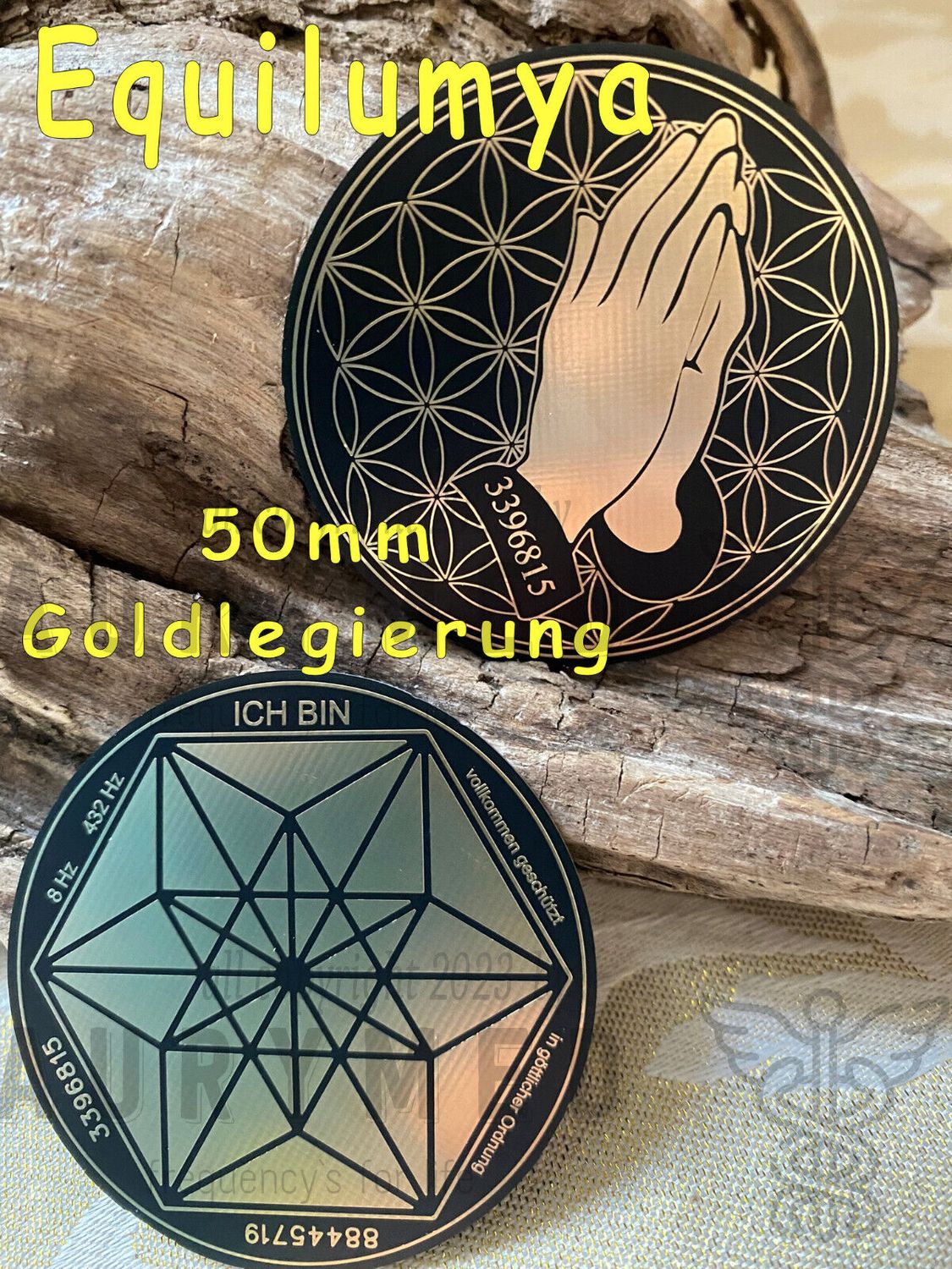50 mm Disc -  2 Stück im Set Flower of Life umgibt betende Hände, Vector Equilibrium umgeben von den Worten "Ich bin", doppelseitig, schwarz, Gold legiert, Kupfer unterlegt