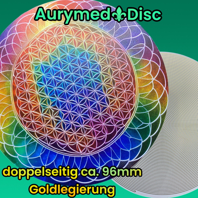 96 mm Disc - Blume des Lebens in Regenbogenfarben trifft Bifilar Spule in Gold Legierung auf weiser Disc, doppelseitig, Kupfer unterlegt