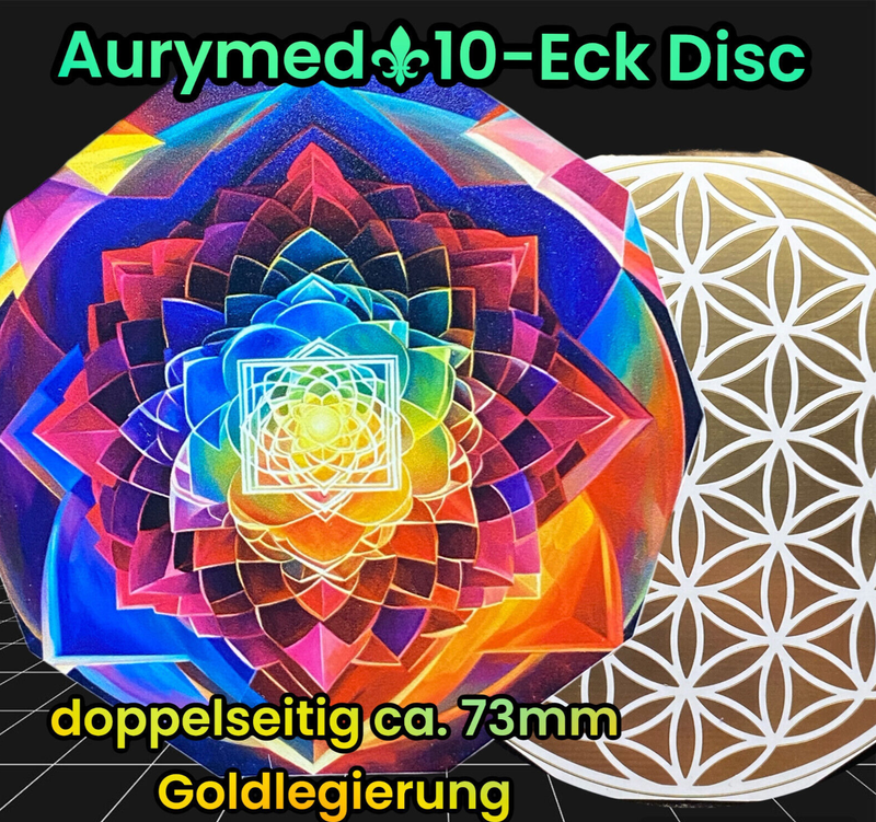 73 mm Disc - 2er-Set - 10 Eck - Blume des Lebens trifft den kunterbunten Lotus, doppelseitig, 1 seitig Goldlegiert, Kufper unterlegt 73 mm Disc - 2er-Set - 10 Eck - Blume des Lebens trifft den kunterbunten Lotus, doppelseitig, 1 seitig Goldlegiert, Kufper unterlegt