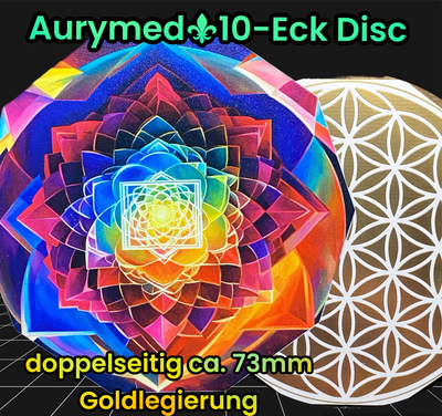 73 mm Disc - 2er-Set - 10 Eck - Blume des Lebens trifft den kunterbunten Lotus, doppelseitig, 1 seitig Goldlegiert, Kufper unterlegt