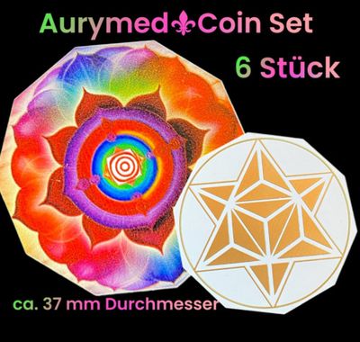 37 mm Disc 6-er Set - Merkaba trifft den Regenbogen Lotus, doppelseitig, 1 Seite Gold legiert, Kupfer unterlegt 37 mm Disc 6-er Set - Merkaba trifft den Regenbogen Lotus, doppelseitig, 1 Seite Gold legiert, Kupfer unterlegt