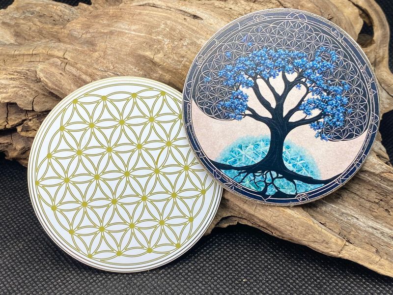 70 mm Disc - 2-er Set - der Baum des Lebens im bunten Design trifft die Blume des Lebens (Lebensblume), doppelseitig, 1 seitig Gold legiert, Kupfer unterlegt 70 mm Disc - 2-er Set - der Baum des Lebens im bunten Design trifft die Blume des Lebens (Lebensblume), doppelseitig, 1 seitig Gold legiert, Kupfer unterlegt