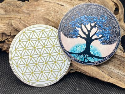 70 mm Disc - 2-er Set - der Baum des Lebens im bunten Design trifft die Blume des Lebens (Lebensblume), doppelseitig, 1 seitig Gold legiert, Kupfer unterlegt 70 mm Disc - 2-er Set - der Baum des Lebens im bunten Design trifft die Blume des Lebens (Lebensblume), doppelseitig, 1 seitig Gold legiert, Kupfer unterlegt