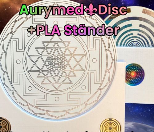 94 mm Disc - incl. Ständer 3 D Druck PLA - Sri Yantra Symbol vereint mit der Lakhovsky MWO Oszillator Schwingkreis Design Antenne (stromlos), doppelseitig, Zinn legiert, Kupfer unterlegt, weiss