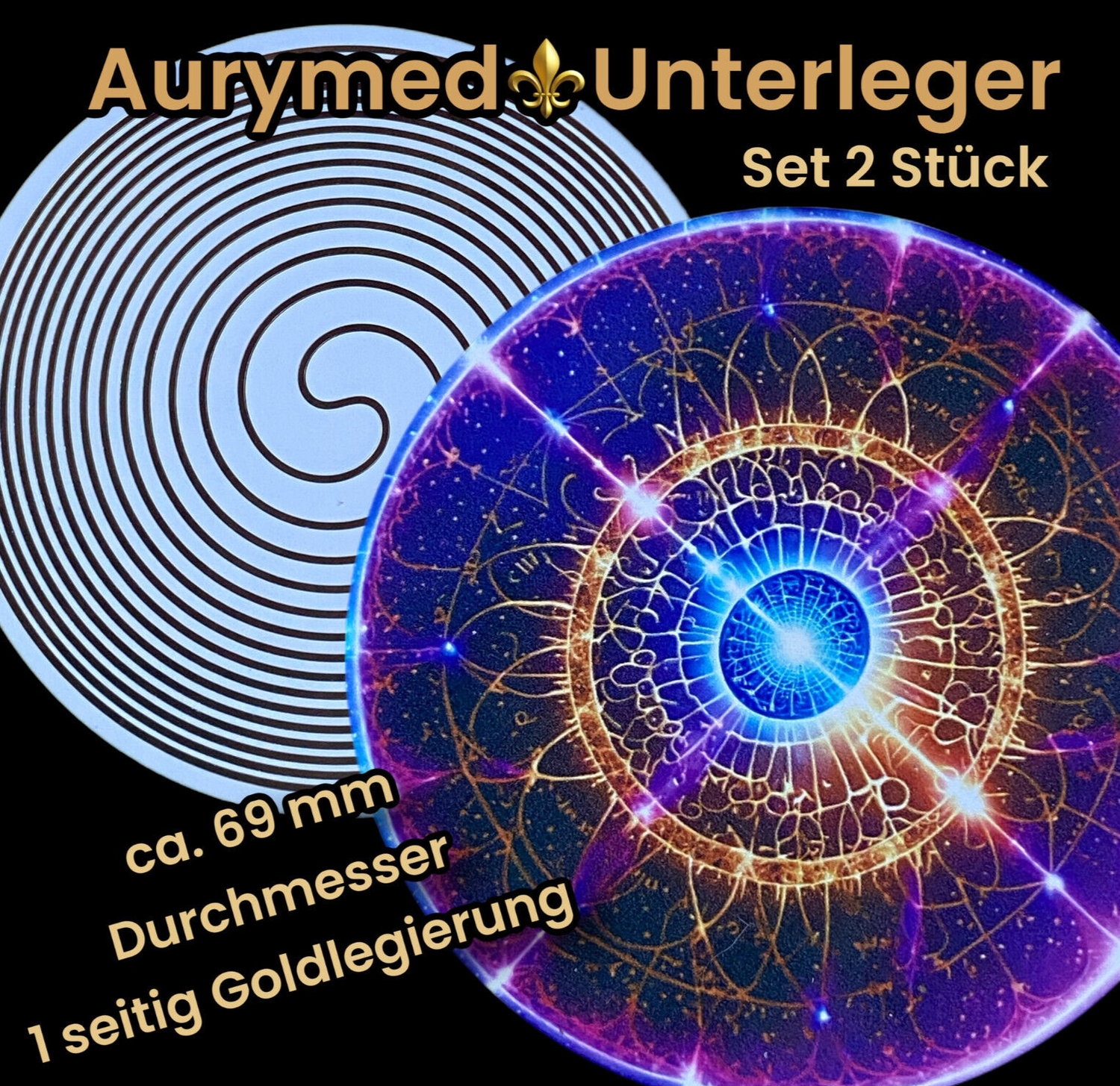 69 mm Disc - 2-er Set - 432 Hz Frequenz Regenbogen Design trifft Bifilar Spule (fermatsche Antenne), doppelseitig, 1 seitig Gold legiert, Kupfer unterlegt