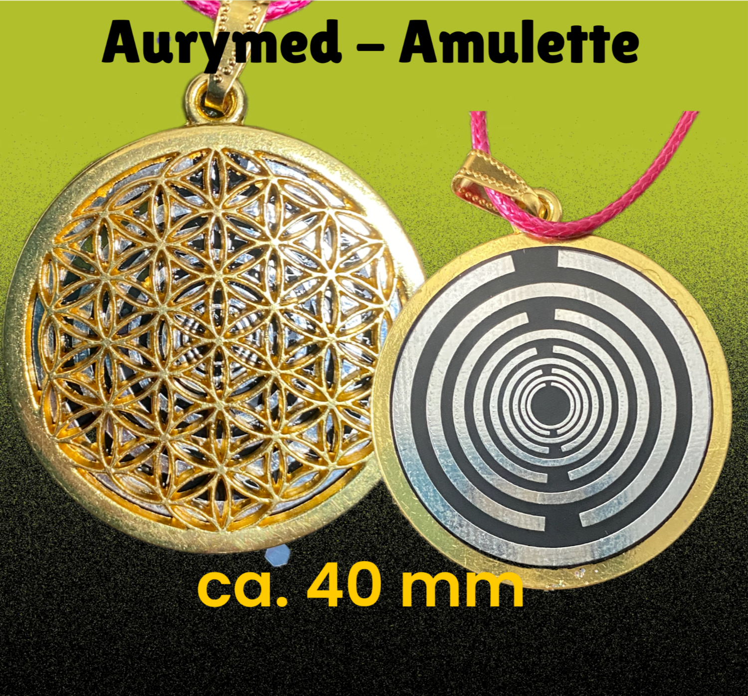 Amulette - goldfarbend, Blume des Lebens, Lakhovsyk MWO Schwingkreis Antennen Symbol (Stromlos), Disc in schwarz mit ca.35 mm Durchmesser, Disc Zinn legiert, Kupfer unterlegt