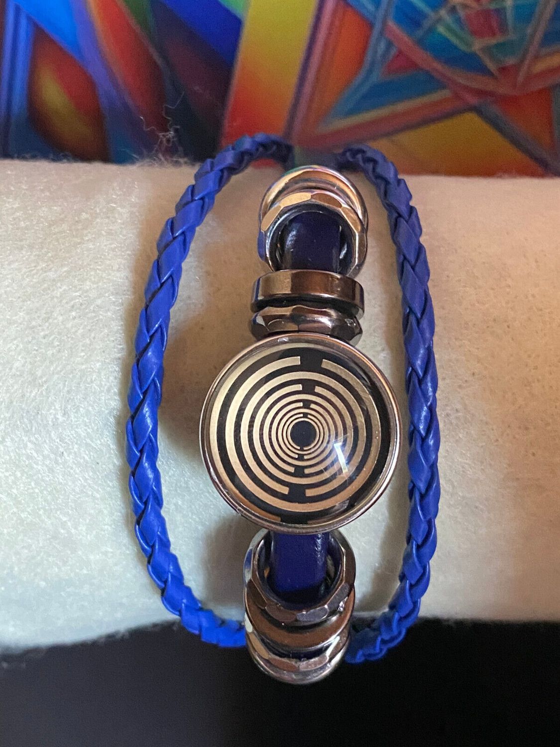 Armband-mehrsträngig, blau,mit 2x Wechseldruckknopf,Symbol Lakhovsky MWO Schwingkreis Oszillator Antenne (stromlos), Wechsel Disc ca. 18 mm hinter Glas,