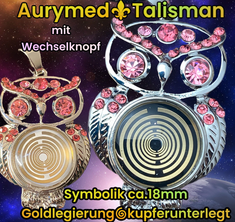 Amulette - Eule mit 2 Stück Wechseldruckknopf (je 1  schwarze/weise Wechselknopf),Disc Gold legiert, Kupfer unterlegt