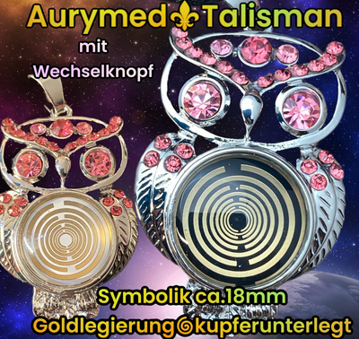 Amulette - Eule mit 2 Stück Wechseldruckknopf (je 1 schwarze/weise Wechselknopf),Disc Gold legiert, Kupfer unterlegt Amulette - Eule mit 2 Stück Wechseldruckknopf (je 1 schwarze/weise Wechselknopf),Disc Gold legiert, Kupfer unterlegt