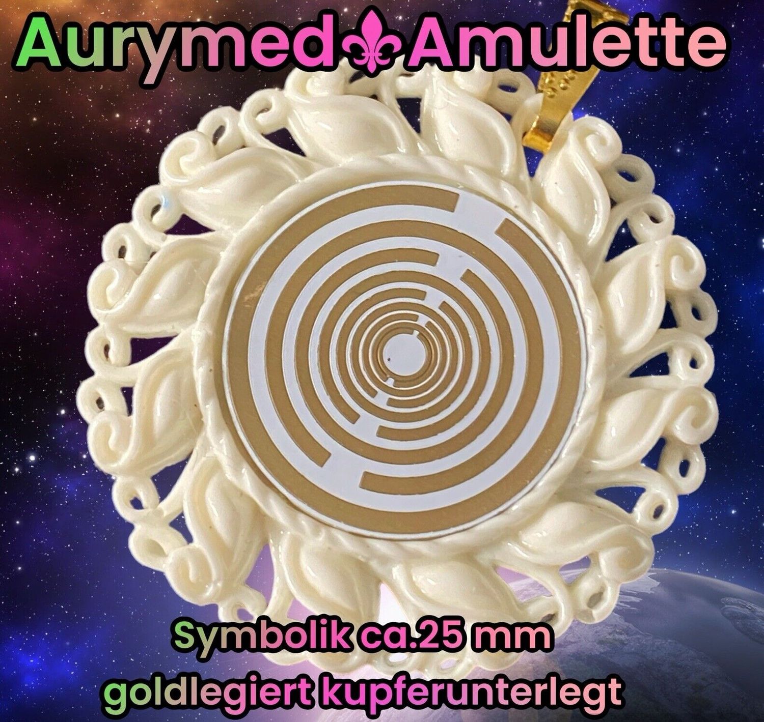 Amulette - Resin Harz Art, Lakhovsky MWO Schwinkreis Design Antenne (stromlos), Disc in weiß mit ca.25 mm Durchmesser, Disc Gold legiert, Kupfer unterlegt