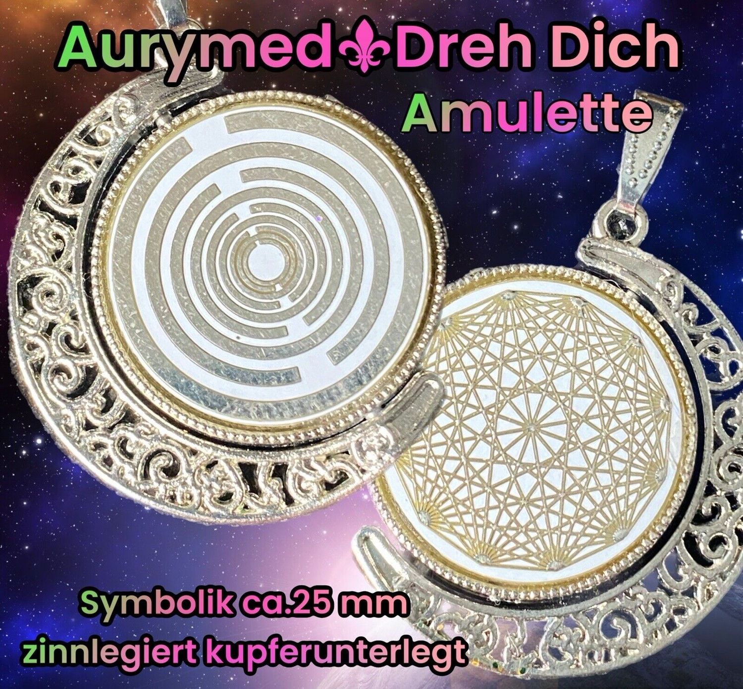 Amulette - Dreh-/Wende - Medaillon Mond, 2 Stück 25 mm Disc eingearbeitet, 1 Seite Lakhovsyk MWO Symbol, 1 Seite Dodecagram, Disc Zinn legiert, Kupfer unterlegt