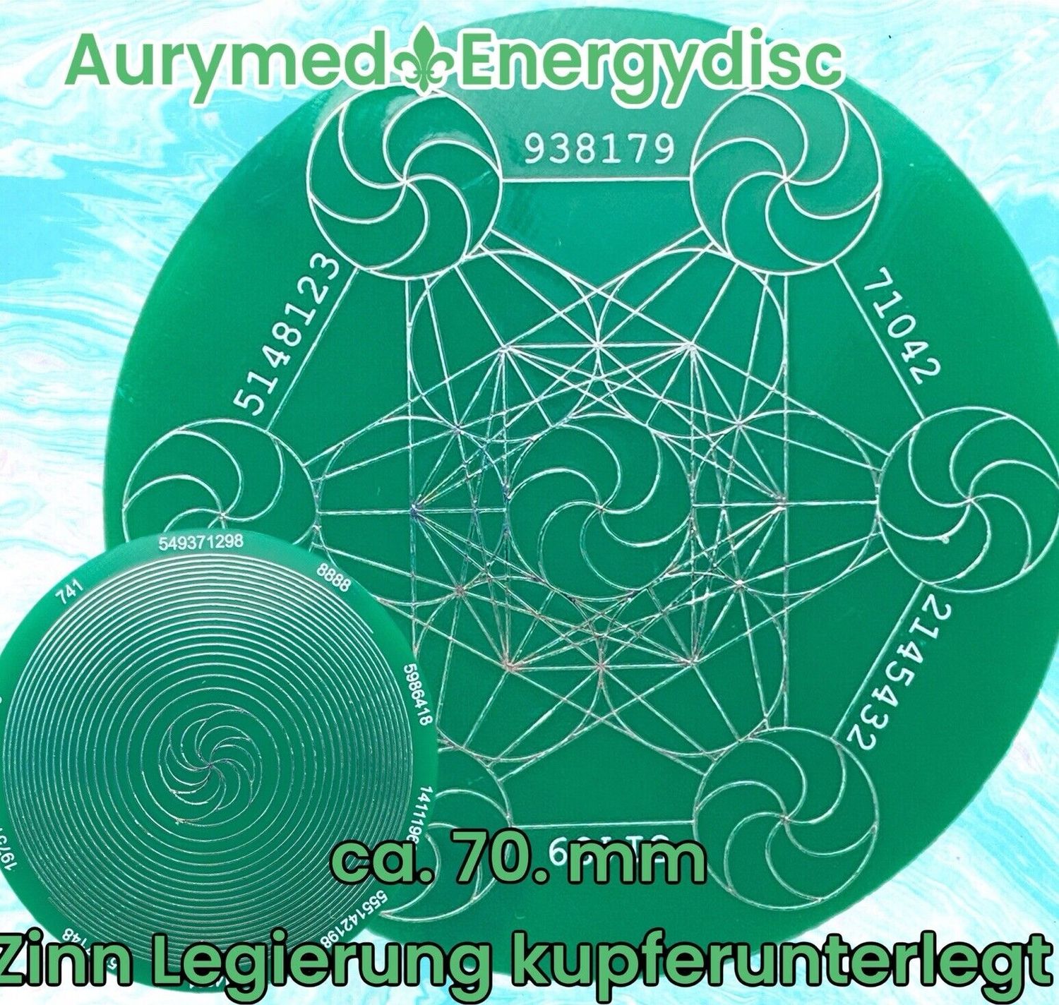 70 mm Disc - 2-er Set - Metatron mit seinen platonischen Körpern trifft Bifilar Spule (fermatsche Antenne), jeweils von Grabovoi Zahlen umgeben, doppelseitig, Zinn legiert, Kupfer unterlegt,grün