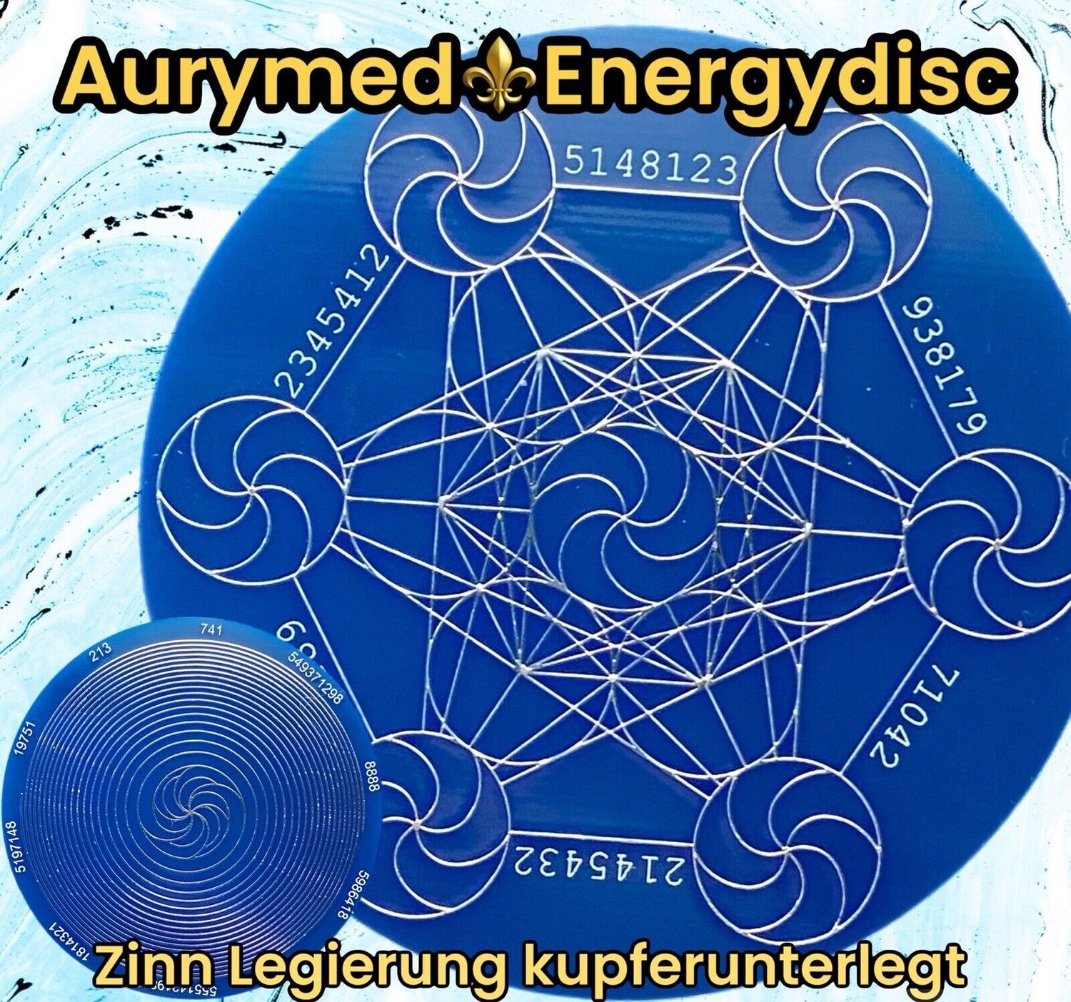 70 mm Disc - 2-er Set - Metatron mit seinen platonischen Körpern trifft Bifilar Spule (fermatsche Antenne),  doppelseitig, Zinn legiert, Kupfer unterlegt, blau