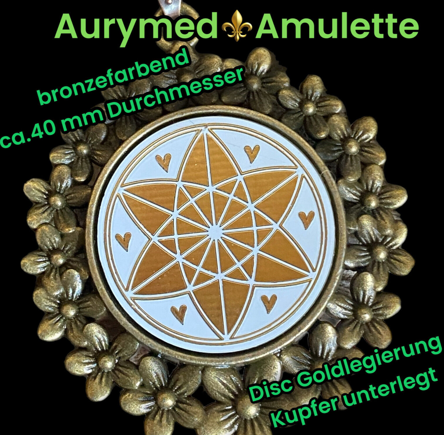 Amulette - bronzefarbend, Rahmen aus Blumen, Symbol der heiligen Geometrie Vector Equilibrium mit Herzen umgeben, Disc in weiß mit ca. 25 mm Durchmesser, Disc Gold legiert, Kupfer unterlegt