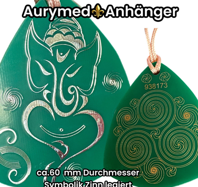 Amulette - Disc - Ganesha der Glücksbote trifft die 3 fach Triskele, Größe ca. 69 mm x 59 mm, doppelseitig, Zinn legiert, Kupfer unterlegt, grün